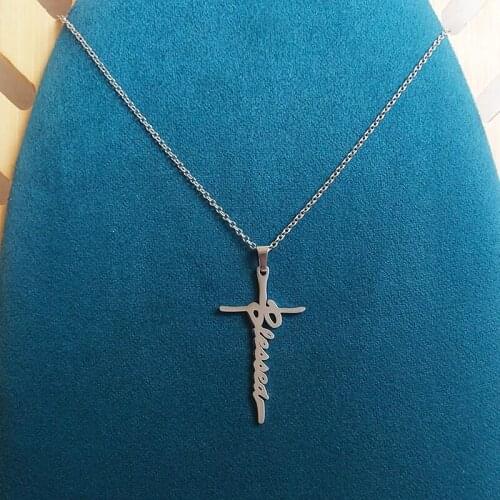 Wholesale 10pc Stainless Steel Blessed Cross Pendant Necklace Faith Letter Necklaces Women Men Fashion Jewelry Good Luck Gift