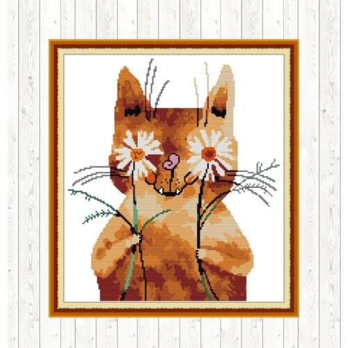 Shy Cat DMC Cotton Thread Printed Canvas Cross Stitch Set DIY Handmade 14ct 11ct Count Print Canvas Needlework Embroidery Crafts