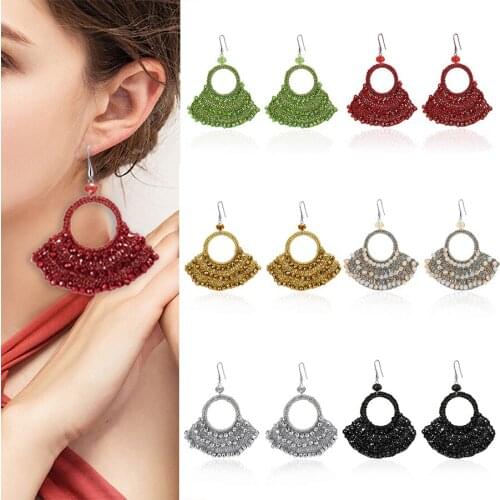 New Design Ethnic Style Braid Fan-Shaped Drop Earrings Fashion Jewelry Women Handmade Crystal Weaving Big Hanging Earrings 2021