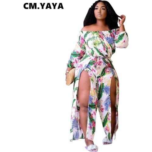 CM.YAYA Women Jumpsuit Print Off Shoulder Full Sleeve Slash Neck Loose Split Jumpsuits Bandage Sashes One Piece Overalls Summer