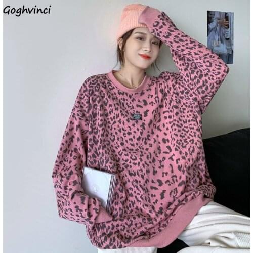 Hoodies Women Thick Leopard Crew Neck Pullovers Large Size Vintage Ins Baggy Casual Hip Hop Oversize Streetwear Cool Unisex Top