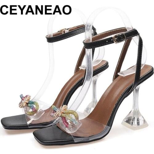 CEYANEAO Selling Women High Heel Sandal Hoof Heels Butterfly Knot Jelly Shoes Pumps Rhinestone Decoration Sexy Lady Sandal Size