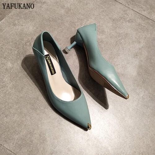 2020 New Metal Pointed Toe Thin Heels High Heels Soft Leather Comfort Ladies Pumps Sexy Party Shoes Black Career Office Shoes