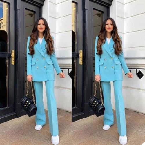 Elegant Women Double Breasted Pocket Blazer Suits Streetwear Pants Suit Jacket With Trouser Custom Made Two Pieces Set