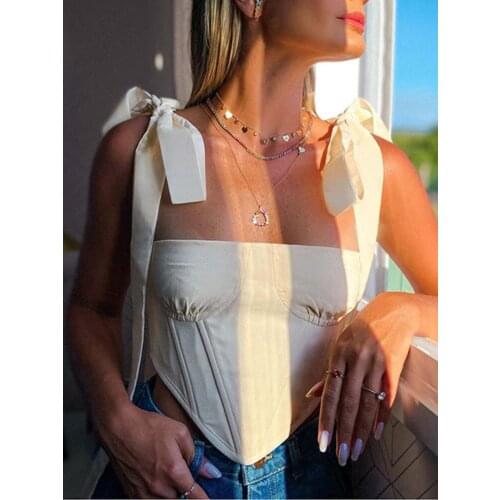 SRUBY Sexy Bandage Bow Corset Cropped Camisole Summer Square Collar Sleeveless Backless Asymmetrical Top Casual Elegant Tank Top