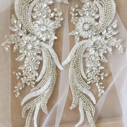 1 Pair Delicate Phoenix Rhinestone Beaded Applique Crystal Bridal Gown Bodice Cape Couture Crystal Applique