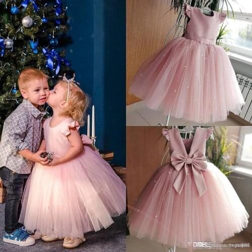Blush Pink Ball Gown Kids Formal Evening Gown 3D-Flora For Communion Lace Appliques Sweep Train Flower Girls Dresses For Wedding