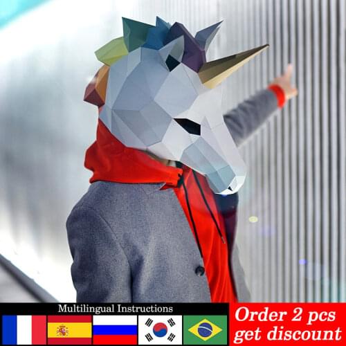 Pre-cut Rainbow Unicorn Mask Headgear Paper Model,3D Low Poly Papercraft,Party Cosplay Prop,Handmade DIY Adult Craft Toy RTY112