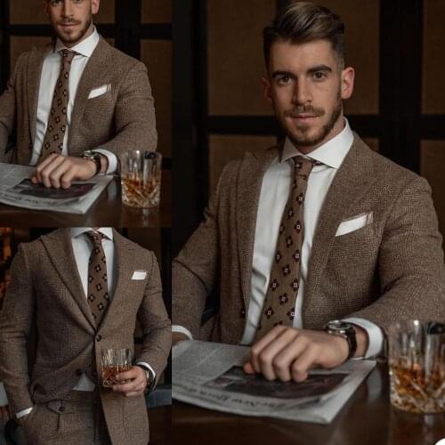 2 Pieces Vintage Plaid Men Tuxedos High Quality Metro Woolen Peaked Lapel Check Blazer Custom Made Party Wedding Prom Jacket