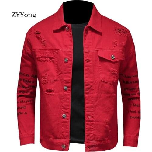 Spring Fashion Bomber Pilot Red White Tattered Ripped Denim Jacket Men Jean Coat Motorcycle Casual Youth Clothing Overcoat