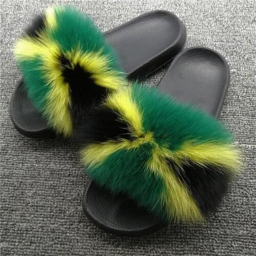Fur Slippers Women Real Fox Fur Slides Furry Flat Sandals Female Cute Fluffy Shoes