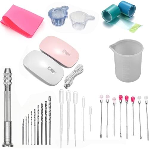 Epoxy Resin Tools Set UV LED Lamp Portable Measuring Cup Hand Drill Bits Sticks Disposable Cup Dispenser For Jewelry Making Tool