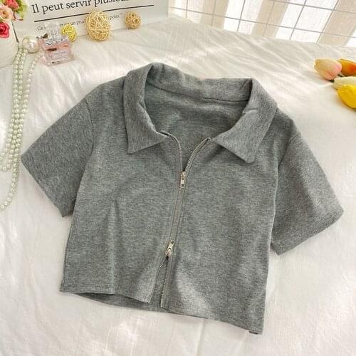 Zipper cropped top 2021 new women summer Korean lapel high street versatile short-sleeved sports white shirt jogging streetwerar