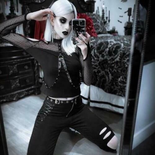 Womens Gothic Fishnet Off Shoulder Strap Studs Long Sleeves Slim T-Shirt Top