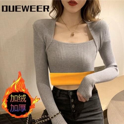 Dueweer Womens clothing sweaters Tops Christmas Knitted Sweater woman winter Brown Crop Top U-neck