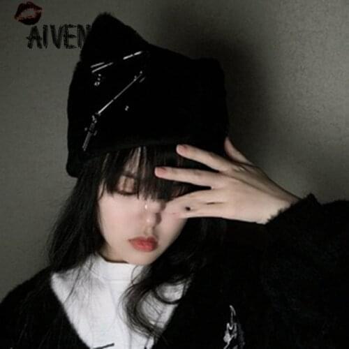 Harajuku Punk Gothic Pin Cross Hat Cat Ear Women Hot Girls Streetwear Cool Warm Winter Caps Hats AFC1161