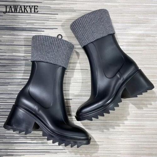 Winter Wool Lapel Women PVC Boots Block Heel Square Toe Slim Short Ankle Boots 2021 New Rubber Platform Runway Boots Women Shoes