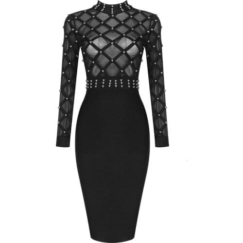 Bandage Women Dress Sexy Long Sleeve Elegant Party Club Celebrity Bodycon Dresses New Mesh Beading Ladies Clothes