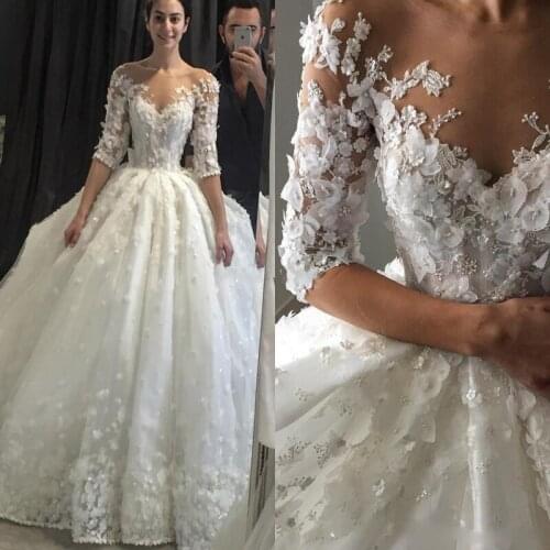 Steven Khalil 2019 Luxury Wedding Dresses Bridal Gowns A Line Sheer Neck Open Back with 3D Flowers Court Train