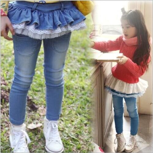 2017 Low Waist Jeans For Girls Casual Culottes With Lace Light Wash Children Denim Trousers Roupas Infantis Menina Skinny Pants