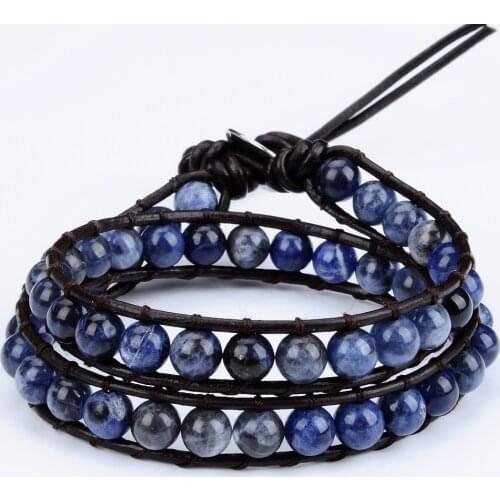 2018 Women Bracelet 6MM Round Blue Natural Sodalite Stone Double Wraps Leather Bracelets Vintage Handmade Bead Jewelry Pulseras