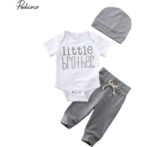 2020 Baby Summer Clothing Infant Newborn Outfit Baby Boy Tops Short Sleeve Letter Rompers Leggings Beanie Clothes Pants 3Pcs Set