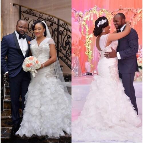 African Mermaid Wedding Dresses V Neck Cap Sleeves Lace Applique Beaded Ruffles Tiered Organza Sweep Train Plus Size Wedding Gow