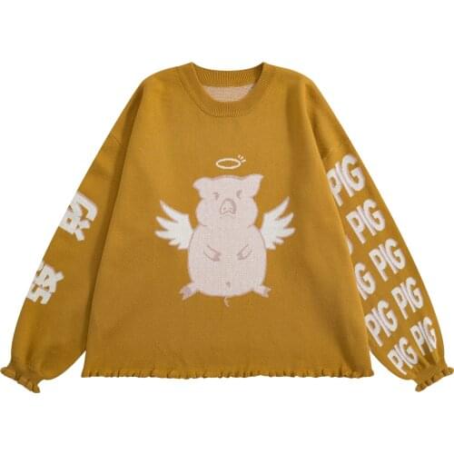 Bebobsons Sweet Cute Bigs O Neck Ruffles Hem Women Pullover Sweater Long Sleeve Yellow FU Winter Autumn New Ladies Knitted Tops