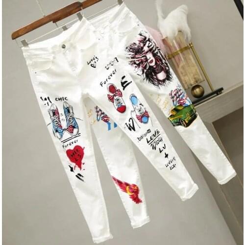 White Denim Feet Pants Women Spring Autumn Tight-Fitting New Print Fashion Slim High Waist Korean Pencil Pants Female Jeans L424