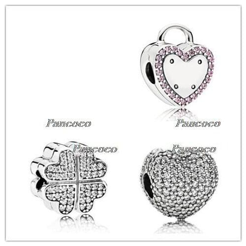 925 Sterling Silver Sparkling Heart Clip Charm Fit Original Pandora Beads Bracelet & Necklace Women Fine Jewelry