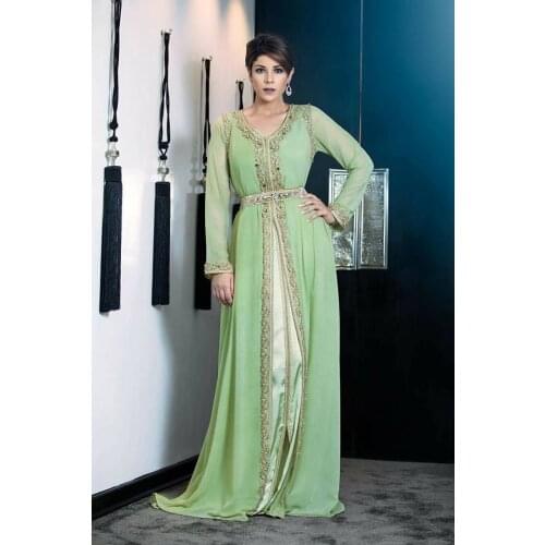 Cusom Made Green Arabic Evening Dress Sexy V Neck Long Sleeve Chiffon Muslim Prom Dresses Full Length Beaded Formal Dress 2020