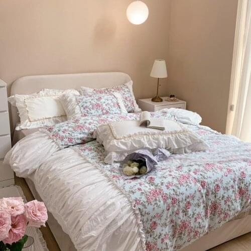 Exquisite Small Floral Washable Cotton Princess Style Romantic Bubble Sleeve Quilt Cover Bedding Set Pillowcase King Queen 4 PCS