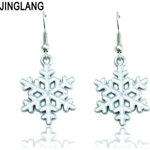 JINGLANG 2017 Fashion Dangle Earrings Christmas Enamel Snowflake Charms Earring For Women Jewelry Free Shipping