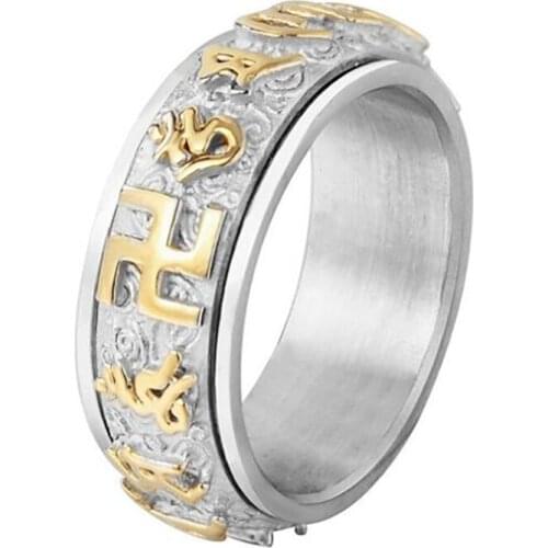 Stainless Steel Buddhism Religious Truth Word Ring Jewelry Gold Rotate Rings Gift For Him Size 7-12