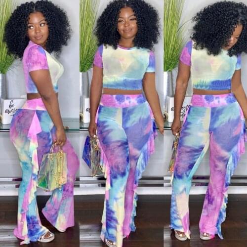 Rainbow Tie Dye Print Two Piece Pant Suit Womens Tracksuit Short Sleeve O-neck Crop Top+side Ruffles Spliced Long Pant Outfit