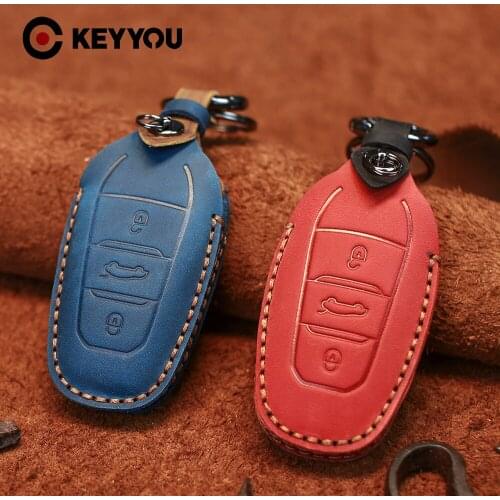 KEYYOU For Citroen For Peugeot 508 301 208 308 408 307 206 Handmade Leather Car Key Case Pouch Cover Protector Case Skin