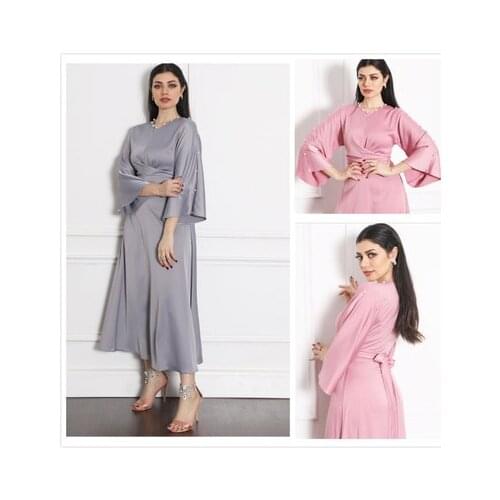 Muslim Soft Silk Satin Dress Abaya Jalabiya Grey Lantern Hijab Bandage Fall Africa Dashiki Eid Ramadan Islamic Prayer Turkish