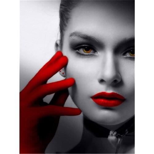 Woman Red And Black Printed Water-Soluble Canvas 11CT Cross-Stitch Embroidery Complete Kit DMC Threads Craft Different