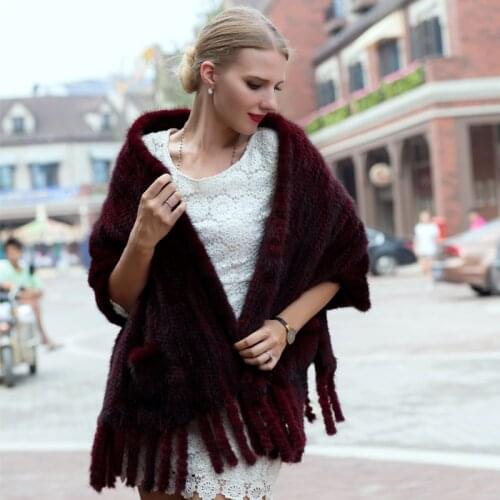 JKP new hot autumn and winter natural water mink fur knit shawl womens fashion elegant solid color woven warm tassel shawl gift