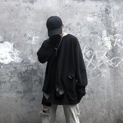 Autumn hip hop loose high street fashion brand hole broken solid color with bottoming shirt long sleeve style for men and women