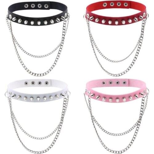 DIEZI 16 Colors Harajuku Gothic Punk PU Leather Chain Tassel Necklace Women Men Vintage Rivet Choker Necklaces Anime Jewelry