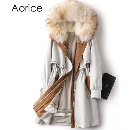 Aorice Women Real Fox Fur Collar Coat Jacket Female Rex Rabbit Liner Long Parka Trench A41602