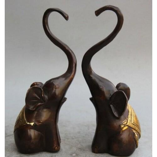Song voge gem S1652 9" Chinese Bronze Gild Folk Fu Wealth Auspicious elephant Statue sculpture Pair