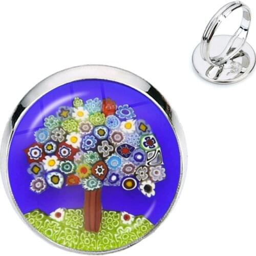Tree Of Life Adjustable Ring Murano Millefiori 16mm Glass Cabochon Rings Jewelry For Women Girls Gift Wholesale