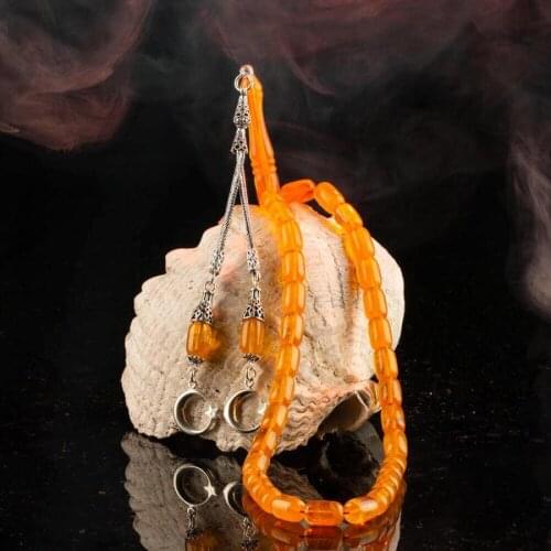Silver Yellow Amber Gemstone Prayer Rosary Men Capsule Cut Rosary With Silver Tassel Turkish Tasbih With Moon Star Model Tassel
