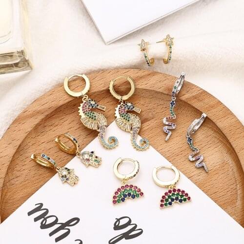 Fashion womens gold rainbow drop earrings copper small earrings fish smile key crown snake colorful earring zircons for women