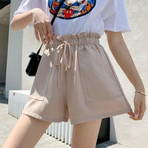 Korean Women Wide Leg Loose Shorts Summer Female Fashion Solid Color Pocket Lace Up Shirring Ruched Elastic Waist Shorts Trouser