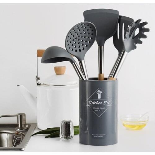 Silica gel semi solid wood handle cookware set cooking non-stick pan spoon spade tool set kitchen cooking tools