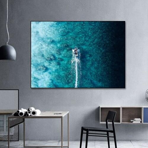 Scandinavian Speedboat Surfing Posters Green Seascape Sence Pictures Print Canvas Wall Art Painting for Home Decoration No frame