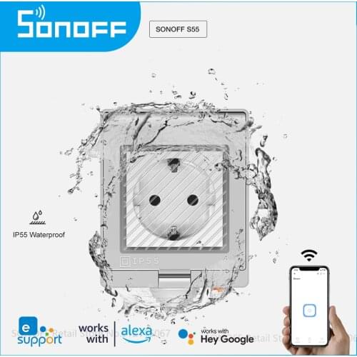 SONOFF S55 Wifi Smart Power Socket Waterproof IP55 AU/EU/UK/US/ZA Plugs APP/Vocie Remote Control Works with Google Home, Alexa